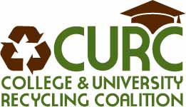 CURC College and University Recycling Coalition Logo. Green and Brown with brown recycle logo and brown grad cap.