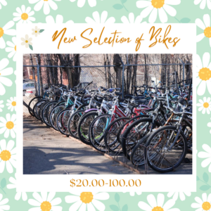New Slections of Bikes $20-$100 photo of bike rack and daisy flowers border
