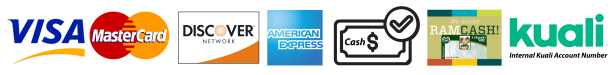 We Accept - Logos - Visa MasterCard Discover American Express Cash and RamCash and Kuali Internal Account Number