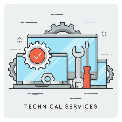 Illustration of Technical Services with a laptop, desktop and tablet with gears and a double sided wrench and flat headed screwdriver.